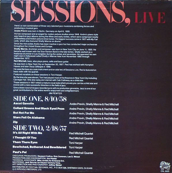 André Previn, Shelly Manne, Red Mitchell: Sessions, Live 12" - Image 2